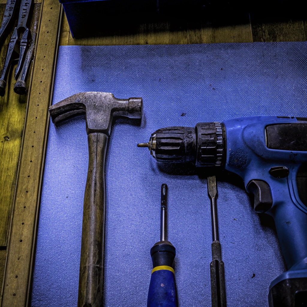 wiertarka, młotek, śrubokręt na niebieskim tle