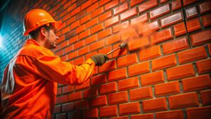 Mężczyzna czyszczący ceglaną ścianę
